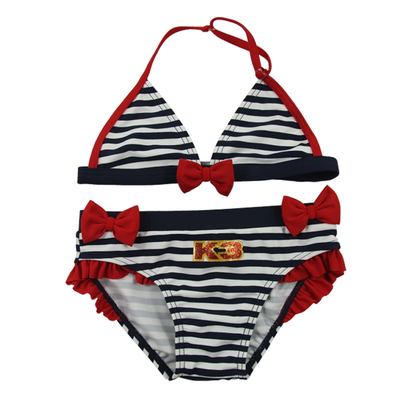 Lacivert Çizgili & Kırmızı Fiyonklu Kız Çocuk Halter Mayo Bikini Takımı