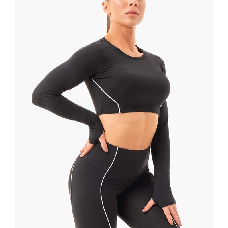 Uzun Kollu Bodycon Yoga Koşu Kadın Kısa Üst