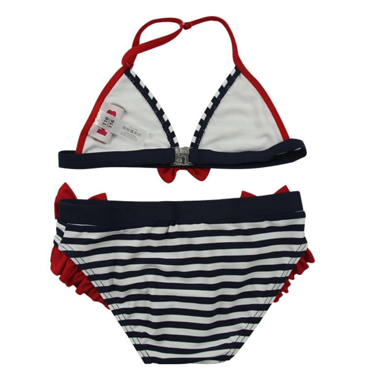 Lacivert Çizgili & Kırmızı Fiyonklu Kız Çocuk Halter Mayo Bikini Takımı