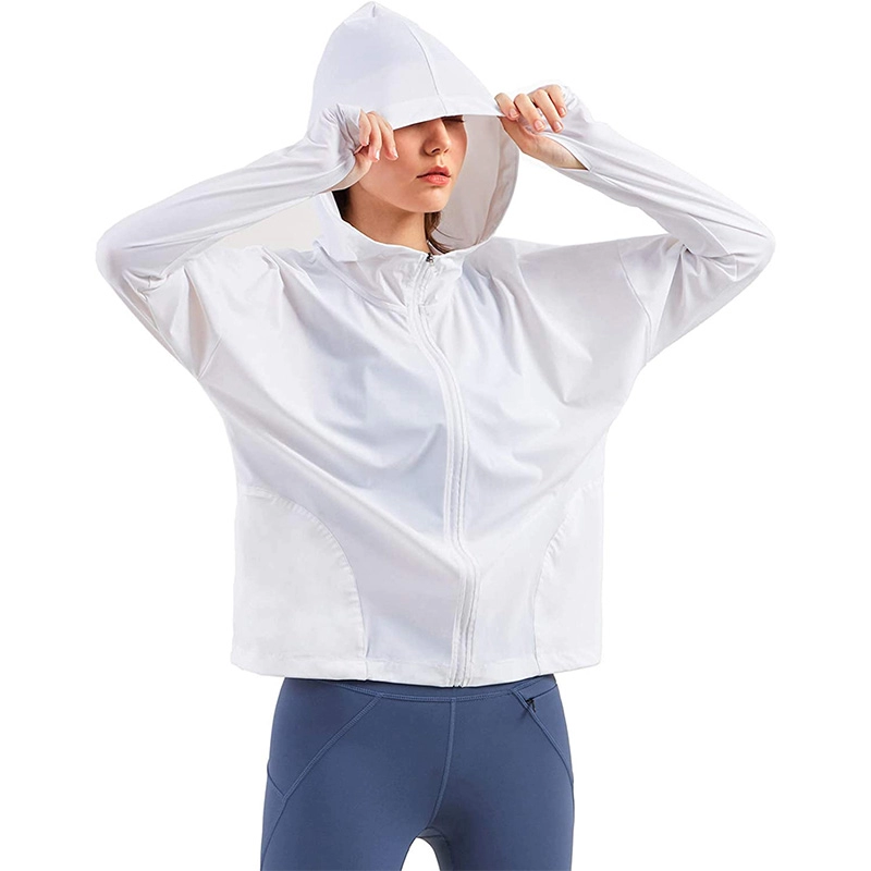 Bayan Kapşonlu Koşu Ceketi Hızlı Kuruyan Hafif Eşofman Ceketi Tam Fermuarlı Egzersiz Yoga Ceketleri, Başparmak Delikli