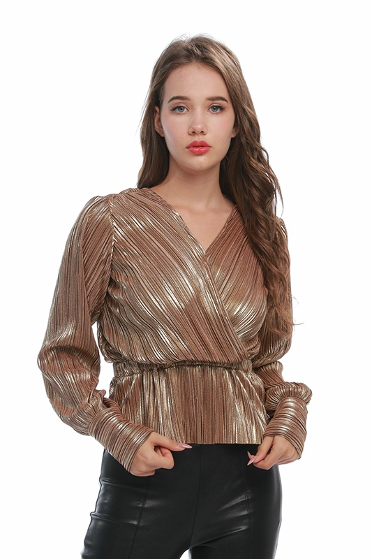 OEM Fabrika Glitter V Boyun Pileli Kumaş Elastik Bel Yaz Zarif Uzun Kollu Kadın Bluz