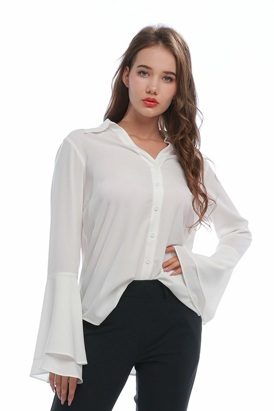 Beyaz Çan Kol V Yaka Polyester Spandex Kadın Gömlek Bluz