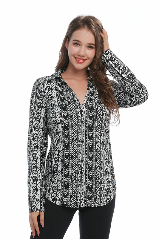 Giyim Üreticisi Geometrik Baskı Uzun Kollu V Yaka Poliamid Spandex Kadın Gömlek Bluz