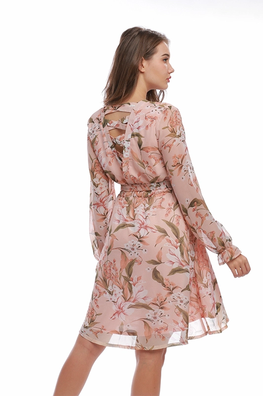 Pembe V Yaka Şifon Kumaş Çiçekli Kadın Elbise