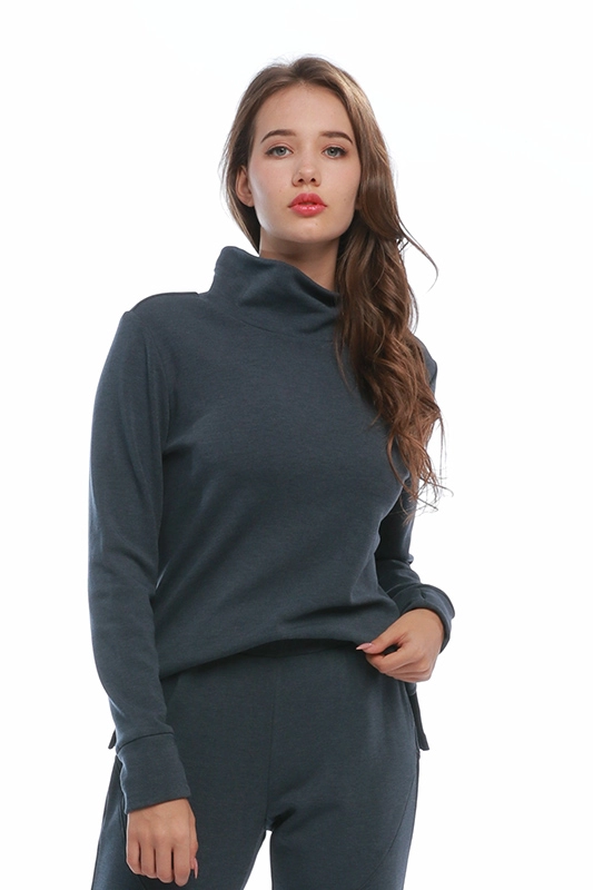 Üretici Özel Temel Uzun Kollu Yüksek Yaka Katı Yan Yarık Kazak Kazak Kadın Sweatshirt