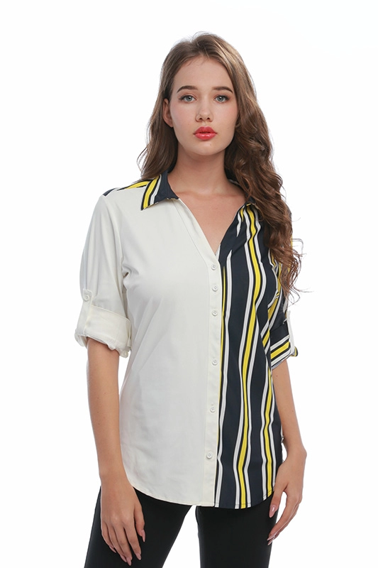 Bayan Çizgili Uzun Kollu Renkli Blok Düğme Aşağı V Yaka Yakalı Eklenmiş Örgü Kadın Gömlek Bluz Üst