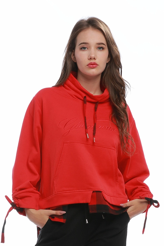 Kırmızı Bayan Kazak Hoodies Trendy Ekose Patchwork Sweatshirt