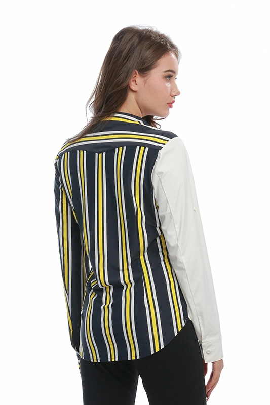 Bayan Çizgili Uzun Kollu Renkli Blok Düğme Aşağı V Yaka Yakalı Eklenmiş Örgü Kadın Gömlek Bluz Üst