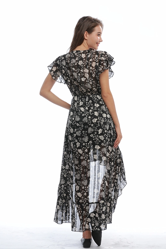 Şifon Ruffled Kol Elastik Bel V Yaka Yaz Midi Elbise Kadın Günlük Çiçekli Elbiseler