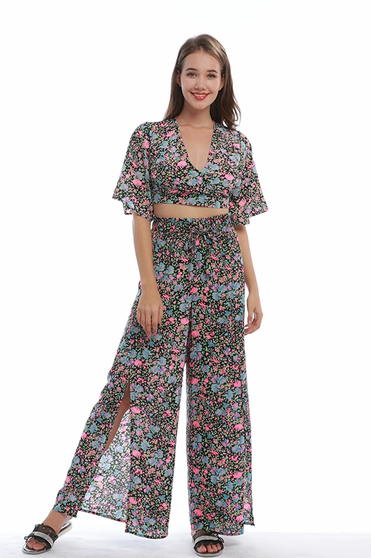 OEM Fabrika Özel Yaz Rahat Çiçek Baskılı Şifon Yaz Kadın Giyim Kırpma Üst Yarık Pantolon Iki Parçalı Set