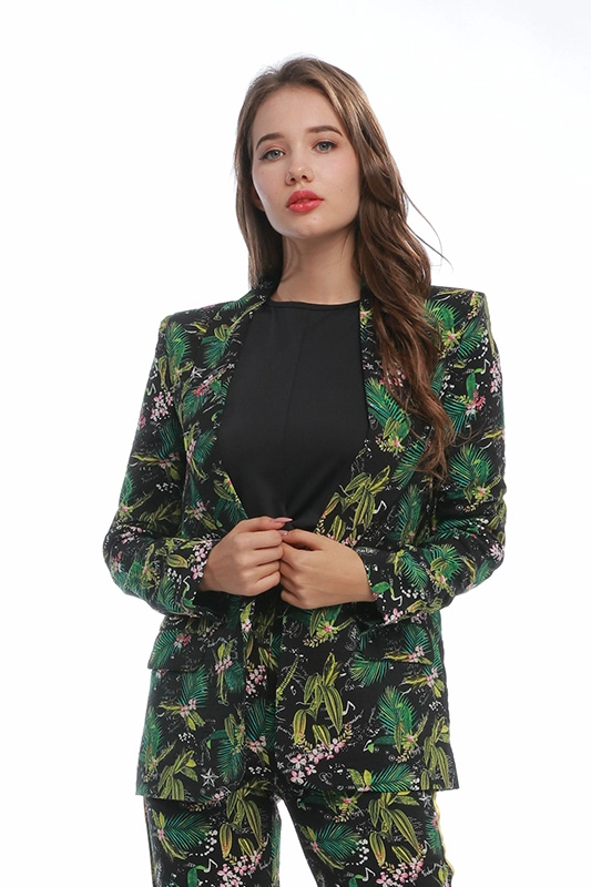 Yüksek Kaliteli Uzun Kollu İnce Yeşil Baskı Çiçek Örme Bayan Takım Elbise Kadın Blazers