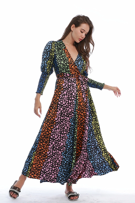 Uzun Kollu Renkli Nokta Baskılı Zarif V Yaka Kadın Elbise Günlük Elbise