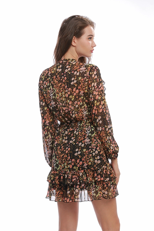 Kadın Giyim Üreticisi Moda Şifon Uzun Kollu Ruffles Mini Çiçekli Günlük Elbiseler