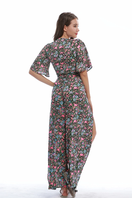 OEM Fabrika Özel Yaz Rahat Çiçek Baskılı Şifon Yaz Kadın Giyim Kırpma Üst Yarık Pantolon Iki Parçalı Set