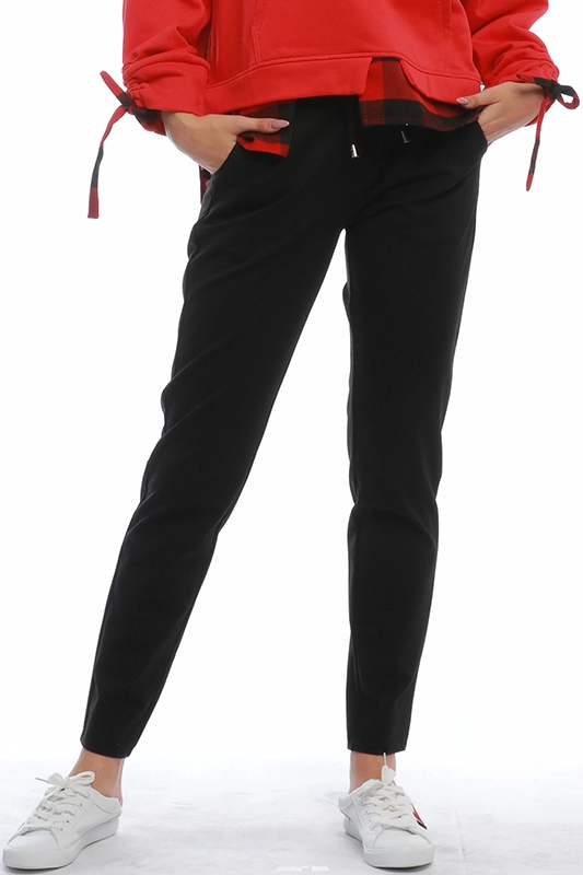 Kadın Solid Siyah Elastik Bel İpi Aktif Giyim Ter Joggers Manşet Pantolon